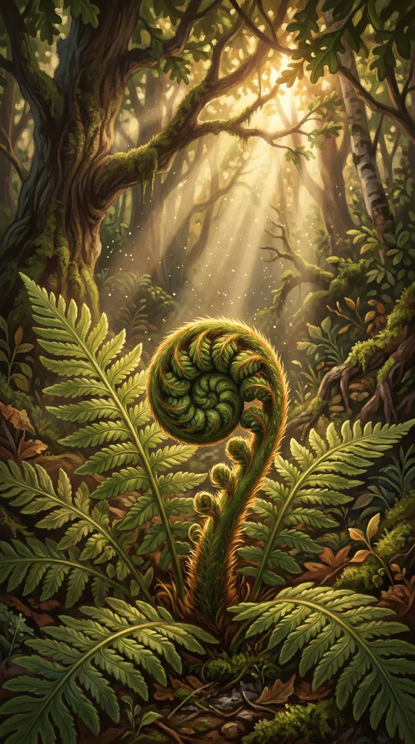 Zartes Farngrün im Wunderwinkel — atmosphärische Szene aus dem Fantasy-Roman Amos Turm